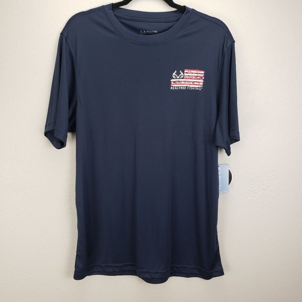 Realtree Fishing Men's Size L Performance Tee Blue American Flag UPF‎ 50 New